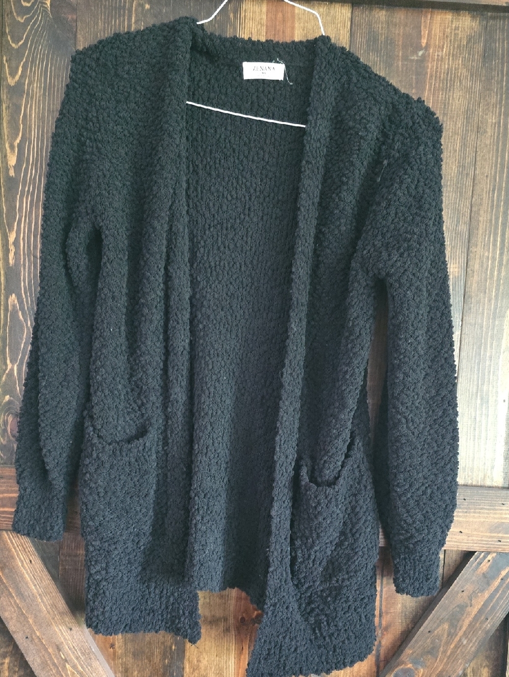 Zenana Black Open-Front Textured Cardigan with Pockets